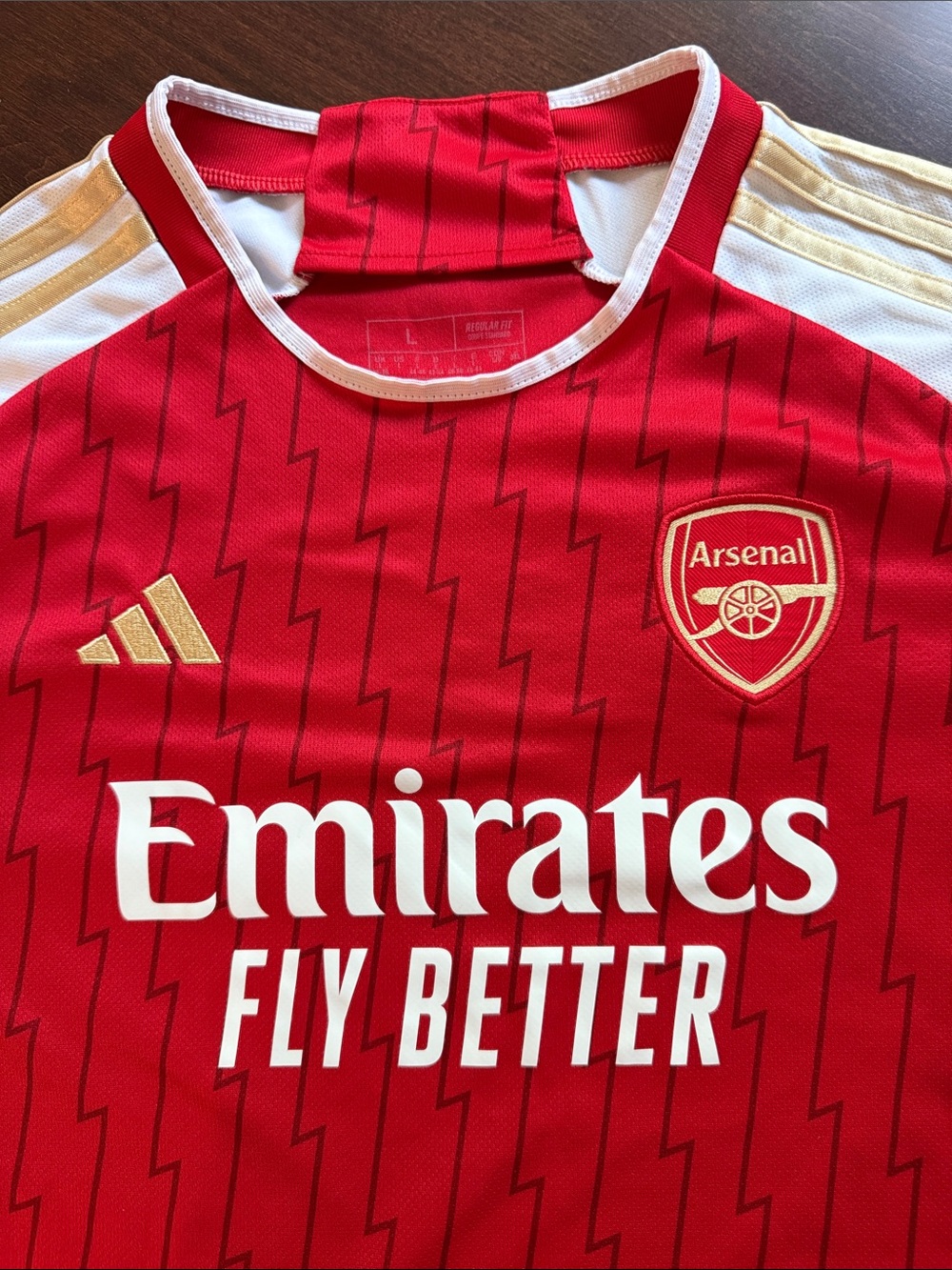 adidas Kids Red & White Arsenal Home Jersey with Gold Accents. L.